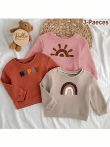 Loomiva 3件套女婴彩虹图案针织柔软圆领长袖套头卫衣套装 - 彩色 - 查看 9