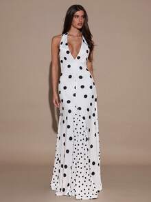 SHEIN BAE 女士深V领无袖露背波点时尚连衣裙 - 黑與白 - 查看 5