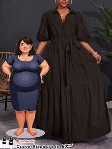 SHEIN CURVE+ Váy maxi xếp ly chữ A tay ngắn màu trơn cỡ lớn 2025 dành cho nữ, dáng rộng, kỳ nghỉ Hoho - màu nâu - Xem 1