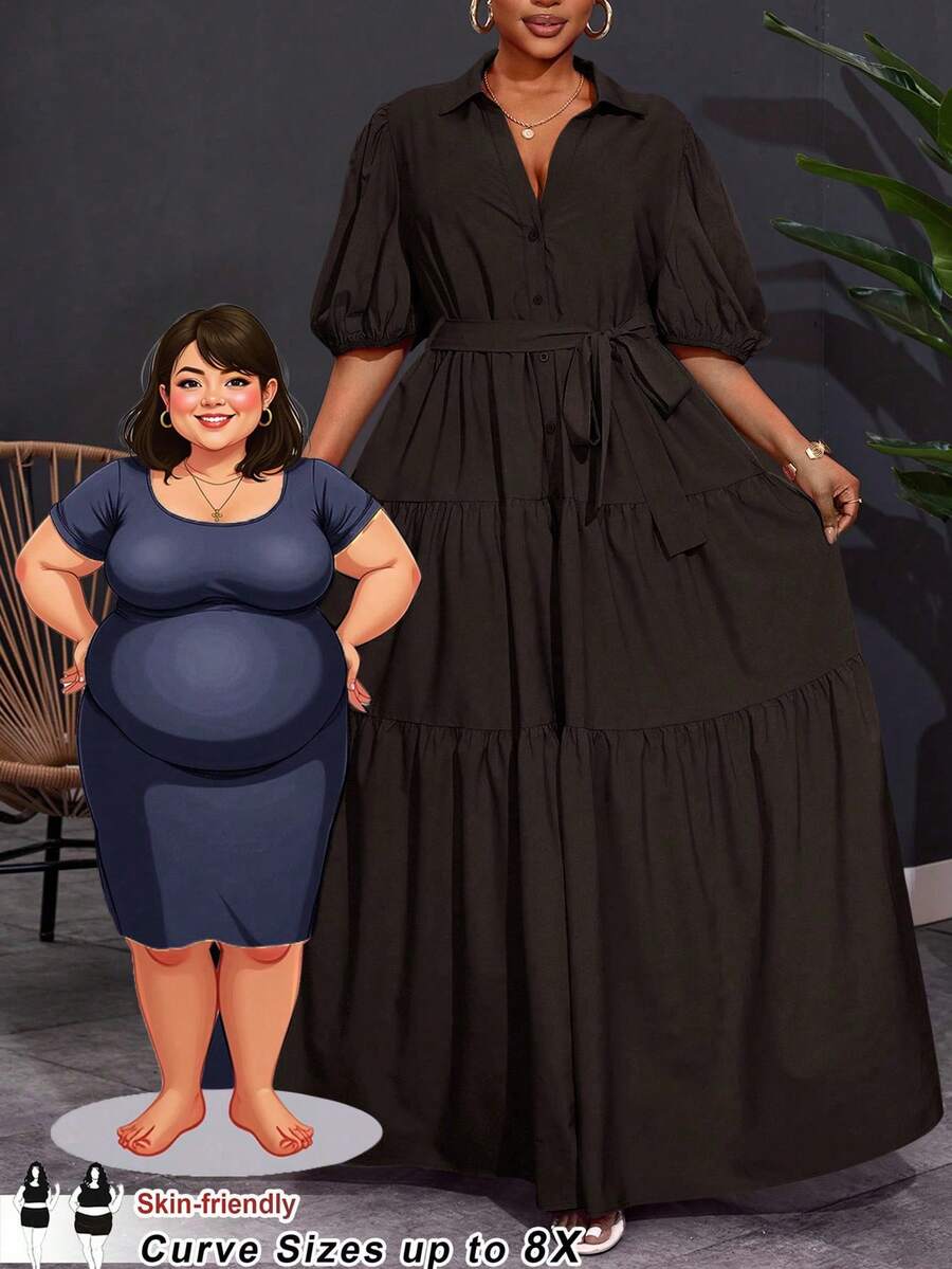 SHEIN CURVE+ Váy maxi xếp ly chữ A tay ngắn màu trơn cỡ lớn 2025 dành cho nữ, dáng rộng, kỳ nghỉ Hoho - màu nâu - Xem 1