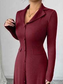 Elenzga 优雅通勤棕色翻领收腰纽扣装饰大A字露背蝴蝶结长袖连衣裙，适合秋冬季女性穿着 - 酒紅色 - 查看 7