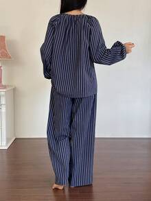 DAZY 条纹樱桃图案褶皱灯笼袖女士睡衣套装，冬季服装 - 藏蓝色 - 查看 2