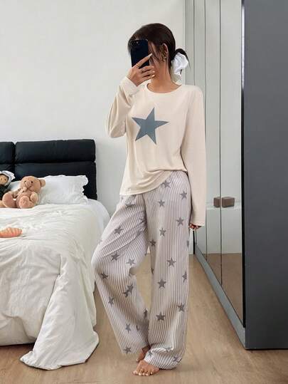 Dream Adore Fresh Round Neck Long Sleeve Star Gestreepte Straight Leg Pajama Set Women Korean Pyjama Fall Clothes view 5