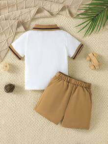 Souflis Souflis 2 Peças Conjunto de Moda Casual de Verão para Menino, Camisa Polo com Bordado de Cavalo em Bege, Shorts Cáqui com Cinto, Adequado para Uso Diário e Passeios, Camisa Polo e Shorts para Menino, Conjunto de Verão para Menino, Conjunto de Camisa e Shorts para Menino - Multicolorido - Visão 2