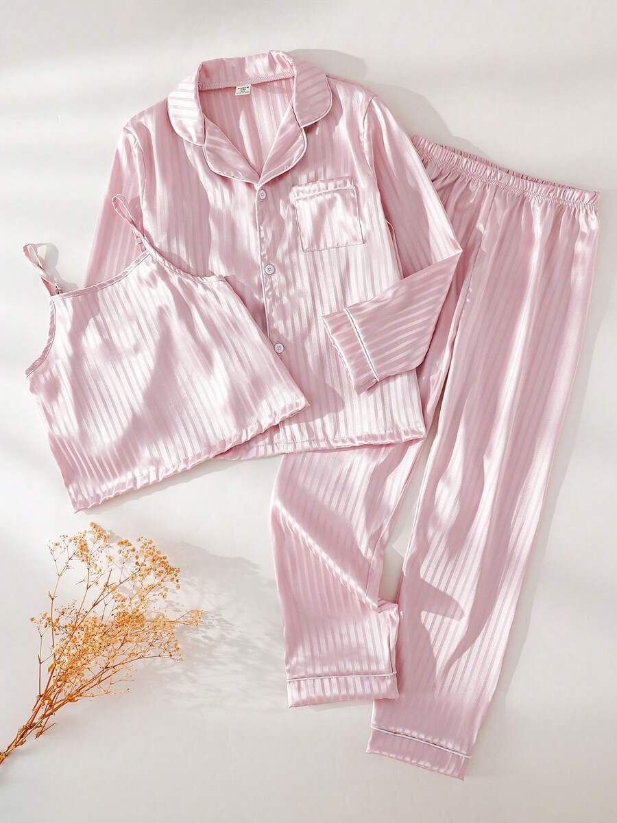 Bộ đồ ngủ 2 món bằng vải dệt kim sọc hồng dễ thương thanh lịch dành cho bé gái gồm áo dài tay và quần dài - Màu Hồng baby - Xem 1