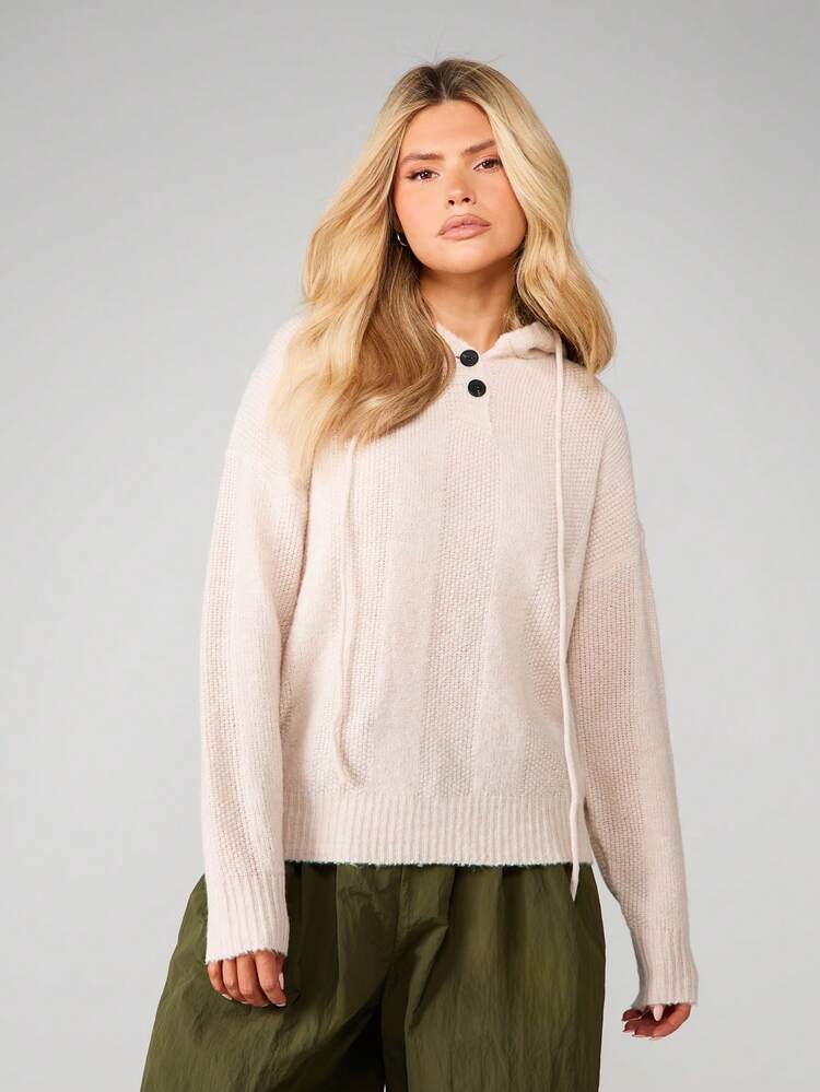 MISSGUIDED Knitted Hooded Sweater With Button Detail Pullover Fall Winter Casual Comfort