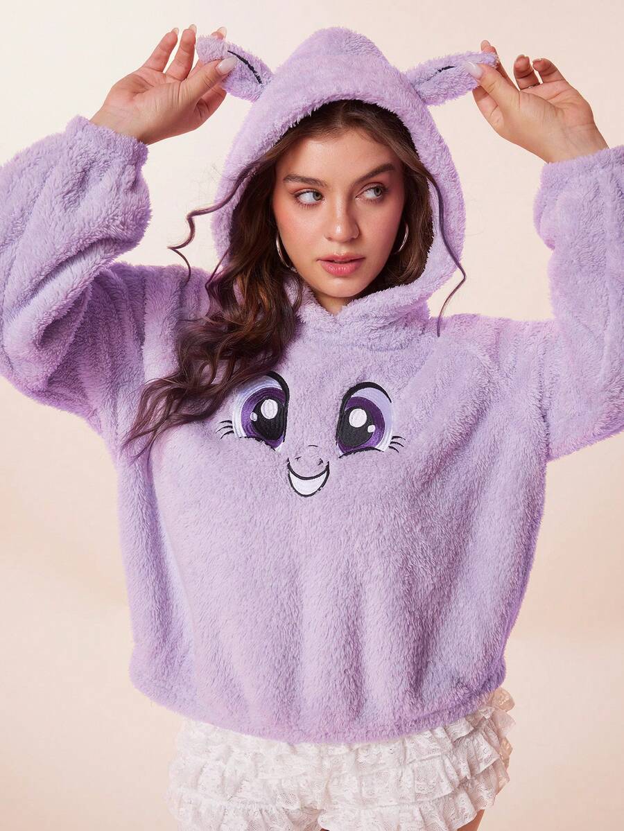 My Little Pony X SHEIN Plus Size Cartoon Embroidered Fuzzy Sweatshirt, Autumn/Winter Purple Top - Purple - View 1