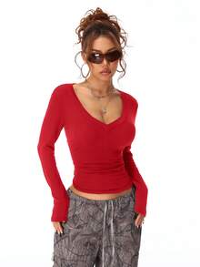 Coolane Women's Fall/Winter Casual Knit With Fleece V-Neck T-Shirt,Fall,Fall Clothes For Women,Women's Winter Clothes,Red Tops For Women, Red Crop Top Women,,New Year ,Party - Red - View 5