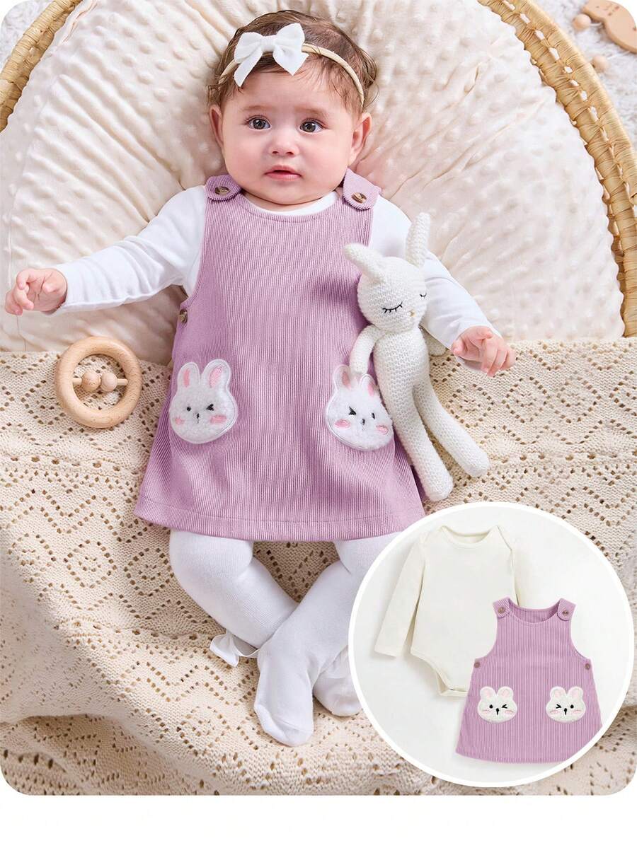 SHEIN Newborn Baby Girls Cute Cartoon Print Knitted Long Sleeve Dress & Top Set, Casual - Multicolor - View 1