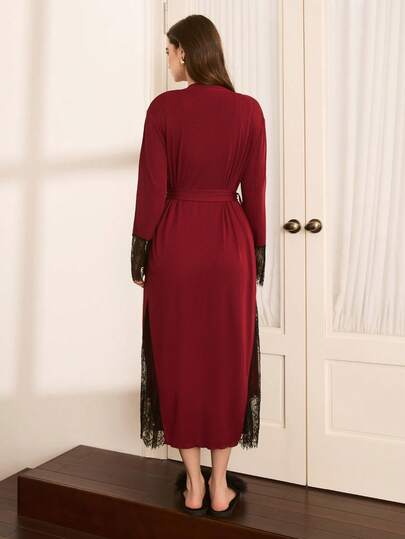 Moireta Elegante Romantic Contrast Kanten Patchwork Long Nightgown Loose Tie Waist Robe Sleepwear Set Verleidelijke 2piece Nightgown, Fall Clothes view 2