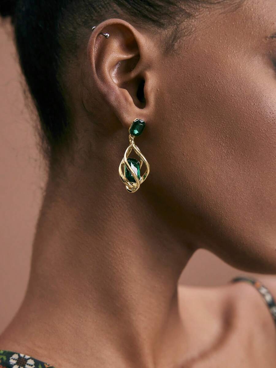 JIAN LASALA 2pcs Geometric Green Gemstone & Diamond Drop Earrings For Women - Yellow Gold - View 1