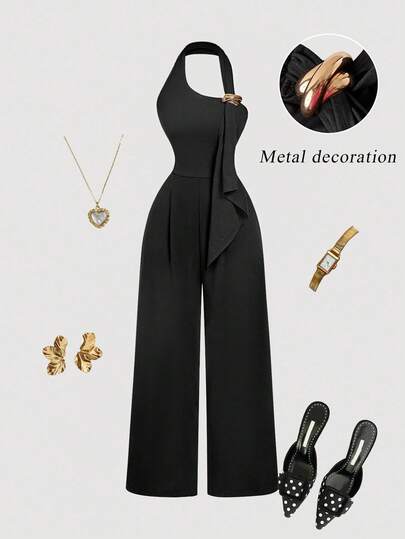 SHEIN MOD Combinaison noire avec boucle métallique décorative au cou, taille froncée. Combinaison élégante pour femmes, combinaison monoépaule, combinaison galbée. Vêtements pour le Nouvel An, vêtements de Noël
