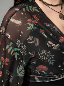 ROMWE Fairycore Vintage Mushroom, Floral & Mesh Print Front Twist Knot Plus Size Women Flare Sleeve Top - Multicolor - View 7