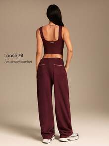 GLOWMODE 超细抓绒舒适保暖四季裤，撞色缝线口袋设计，可调节松紧腰带，宽松筒裤型，适合秋冬季户外日常休闲穿着。 - 酒紅色 - 查看 3