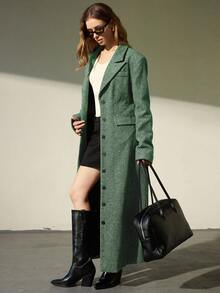 Aveloria Modichic Retro High Street Commuter Blazer With Notched Collar, Waist Cinching Design, Padded Shoulders, Women's Long Sleeve Long Coat - Green - View 3