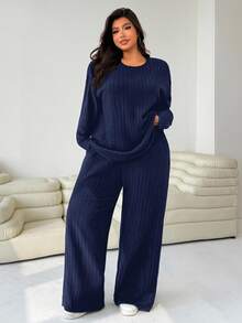 Solflare Navy Blue Plus Size Women's Crew Neck Long Sleeve Ribbed T-Shirt And Wide Leg Pants Casual 2-Piece Set,Smart Casual Everyday Autumn Chic Outfit,Fall - Navy Blue - View 6