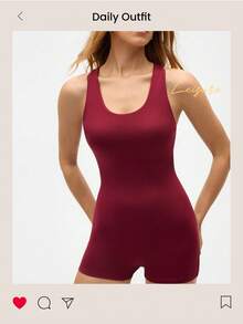 Eassivo Women's Sleeveless One Piece Yoga Romper,Burgundy Cut Out Back Athletic Workout Playsuit, Stretch Fitness Gym Bodysuit, Activewear For Women