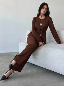 Firerie Áo cánh cổ chữ V đính nút kim loại tối giản thanh lịch dành cho nữ, áo vest dài tay không đối xứng, màu nâu, phù hợp mặc công sở - màu nâu - Xem 7