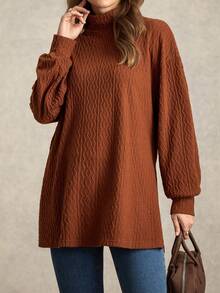 Zelara Áo thun tay dài cổ cao trễ vai màu trơn họa tiết mềm mại cỡ lớn, mùa thu - màu nâu - Xem 8