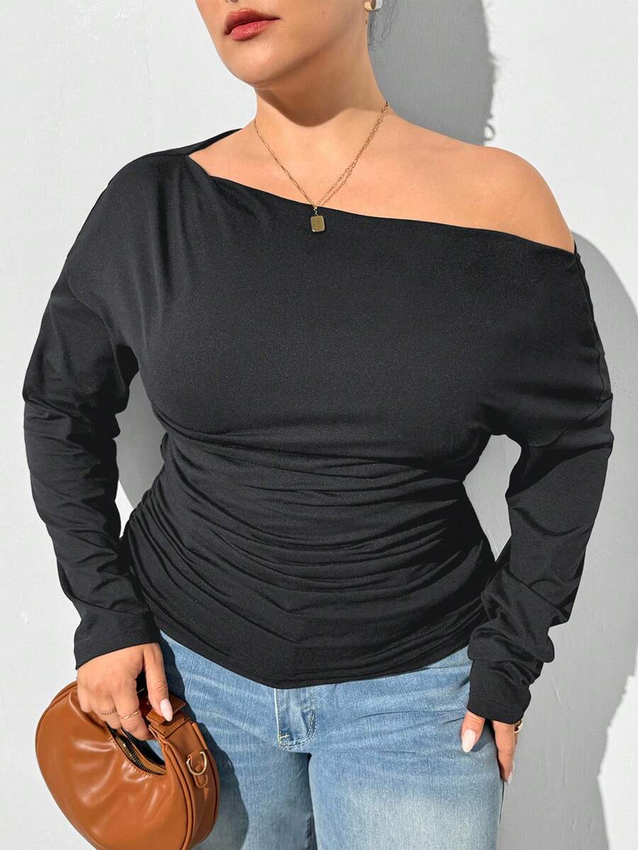 SHEIN Essnce 大码女装秋季女装新款时尚休闲通勤商务女装优雅纯色针织黑色T恤长袖上衣，露肩T恤曲线上衣长袖女上衣 - 灰色 - 查看 1