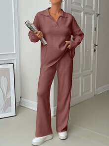 EURMUSE Woman Loose Fit Comfy Warm Thick Polo Neck Sweater And Pants Co-Ords Two Pieces Set - Dusty Pink - View 6