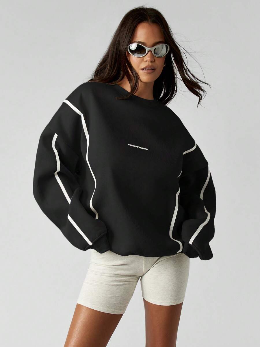 MISSGUIDED 超大款圆领卫衣，饰有白色滚边细节，长袖套头衫 - 黑色 - 查看 1