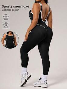 Rhythm Era Plus Size Women's Seamless Black Line Pattern Jumpsuit Pants Gym Jumpsuits For Women - Black - View 1
