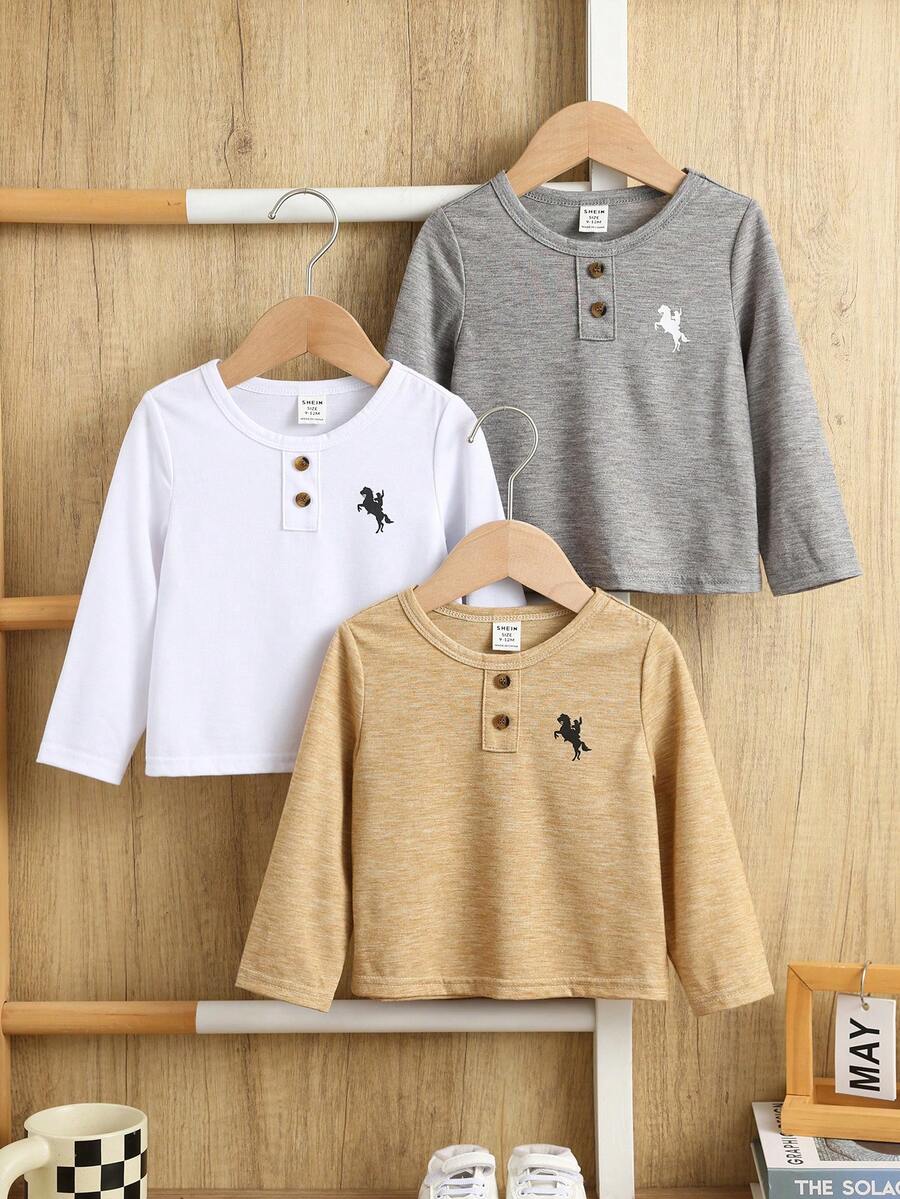 SHEIN 3 Stücke Baby Jungen/Mädchen Rundhals Strick T-Shirt, Pferde Muster, Passend für Herbst/Winter, Zuhause, Outdoor, Schule - Verschiedenfarbig - Übersicht 1
