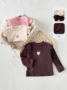 SHEIN Bộ 3 áo dài tay cổ tròn thêu hình trái tim hai mặt bằng vải nỉ mềm mại, thoải mái cho bé gái, thích hợp mặc thường ngày, ở nhà, chơi ngoài trời vào mùa thu/đông, đa năng. - Nhiều màu - Xem 8