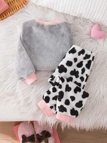 Babygirl Cute Fluffy Cartoon Pattern Pajama Set, Cow Print Sleepwear, Casual Loungewear For Autumn/Winter - Grey - View 2