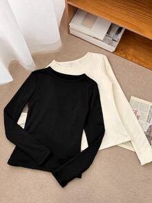 DAZY Camiseta para adolescentes, tops de manga larga de otoño para mujeres - Blanco y Negro - Ver 6