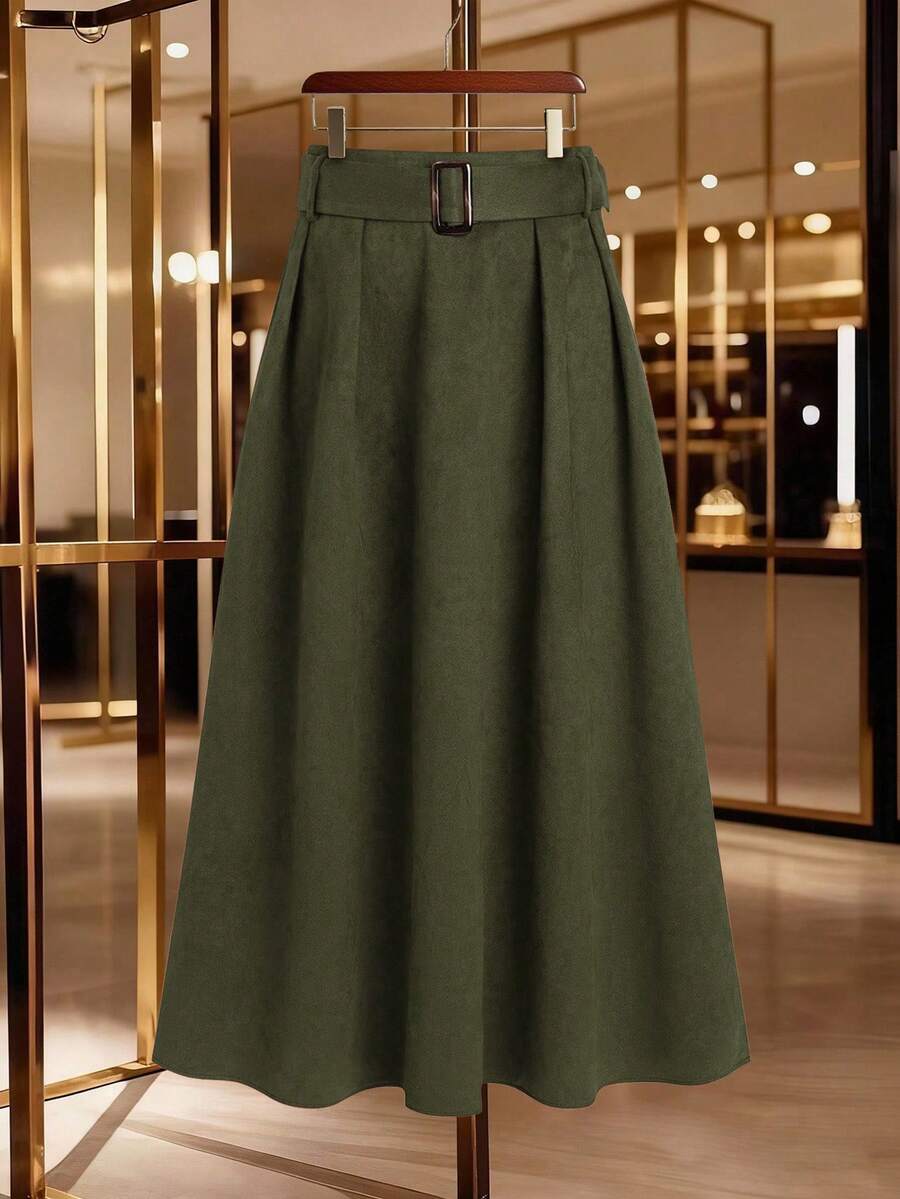 GlowEve 标准尺寸女士优雅腰带设计裙子，秋冬 - 軍綠色 - 查看 1