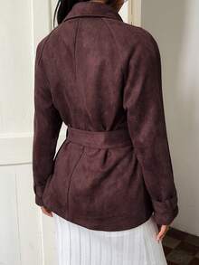 SHEIN Unity Women's Vintage Faux Suede Double-Breasted Belted Regular Jacket - Red - View 2