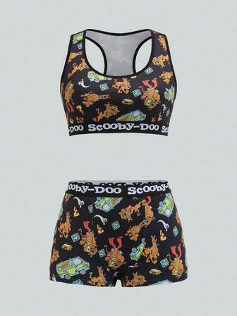 SCOOBY-DOO X SHEIN Women's Letter & Cartoon Pattern Scoop Neck Bra And Boyshorts Lingerie Set Boxer And Bra Set 2 Pieces Short Set Women 2 Pieces Short Set 2 Pieces Set Shorts And Top Set