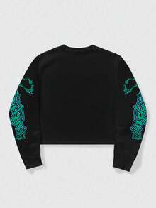 ROMWE MEN Street Life 男士日系复古卡通少女图案卫衣，长袖上衣 - 黑色 - 查看 2