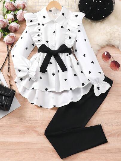 SHEIN Conjunto de camisa de manga larga con estampado de corazón informal y cinturón, y leggings para niña preadolescente, primavera otoño