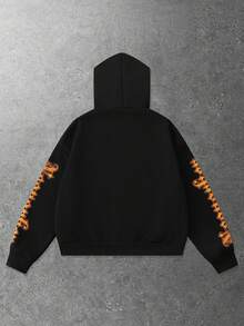 ROMWE MEN Street Life Men's Casual Loose Fit Drop Shoulder Hoodie With Statue Of Liberty & Letter Print, Autumn/Winter, Long Sleeve Top - Black - View 3
