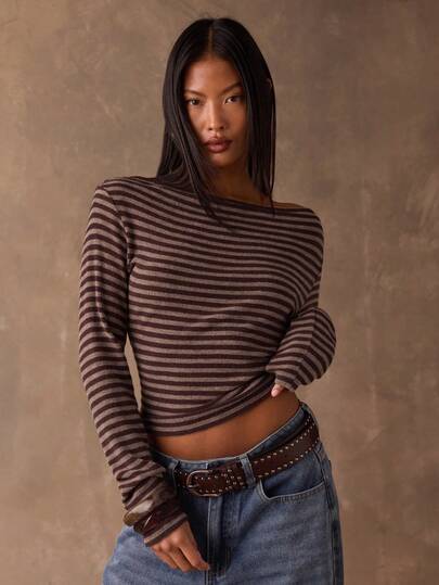 SHEIN BAE Women's Color-Blocked Striped Off-Shoulder Long-Sleeved T-Shirt, Autumn Women's Clothing, Winter Women's Clothing, Apricot Striped Women's Top, Outerwear, Striped Off-Shoulder Top, Women's Casual Top, Long-Sleeved T-Shirt, Brown Top, Brown Striped Top,Fall,Fall Clothes For Women