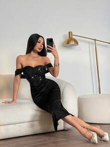 SHEIN PETITE Robe noire à épaules dénudées avec fente haute, avec des bretelles transparentes invisibles pour prévenir les accidents vestimentaires - Noir - Voir 3