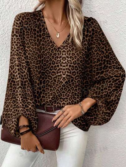 SHEIN Clasi Plus Size Women V-Neck Leopard Print Loose Casual Blouse