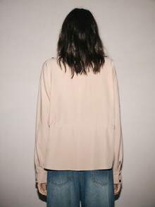 Lumivelle Women's Casual Urban Commuter Long Sleeve Shirt With Front Pocket, Adjustable Cinched Waist, Button Closure - Apricot - View 3