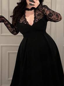 Vibekara Plus Size V-Neck Chinese Style Lace Patchwork Long Sleeve Elegant A-Line Midi Dress, Suitable For Vacation, Party, Date, Gathering, Black Black Lace Dress Classy Black Dress Plus Size Black Dress Elegant Black Dress Curvy Dress Goth Black Dress Lace Black Dress