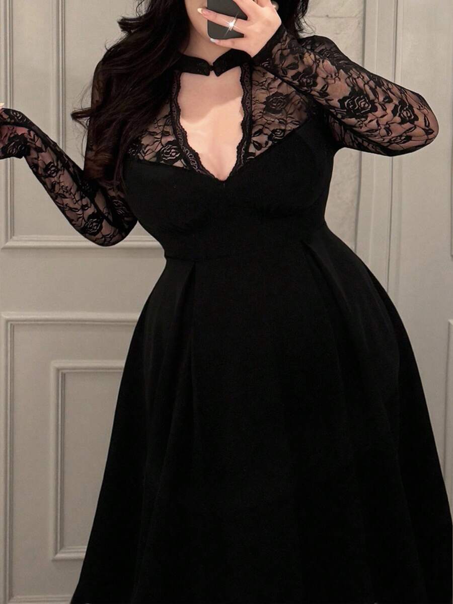 Vibekara Plus Size V-Neck Chinese Style Lace Patchwork Long Sleeve Elegant A-Line Midi Dress, Suitable For Vacation, Party, Date, Gathering, Black Black Lace Dress Classy Black Dress Plus Size Black Dress Elegant Black Dress Curvy Dress Goth Black Dress Lace Black Dress