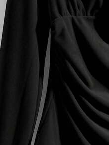 GlowEve 女式高领长袖褶皱腰修身休闲针织 T 恤，优雅时尚，春夏 - 黑色 - 查看 3