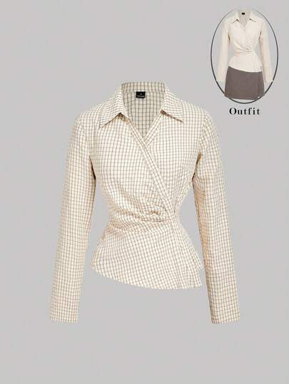 SHEIN MOD Women's Retro Plaid Turndown Collar Fold-Over Long Sleeve Business ,Business Casual Women,90s,Fall, Work Blouses, Shirts For Woman, Office,Preppy Shirt