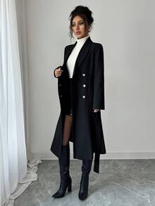 SHEIN PETITE Women's Long Sleeve Crossover Belted Button Casual & Business Multipurpose Long Coat Windbreaker, Autumn/Winter Ladies Woolen - Black - View 5