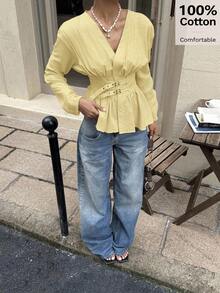 Siren Gaze 双排扣双收腰收腰长袖衬衫，柔软亲肤，适合工作或度假 - 淡黃色 - 查看 7