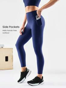 GLOWMODE 24'' CoreHold FeatherFit™-Sculpt CoreHold No Slip Fit Boning Tummy Control No Front Seam Leggings With Side Pockets Medium Impact Workout Jogging Gym Training  Spring Summer - Dark Blue - View 4