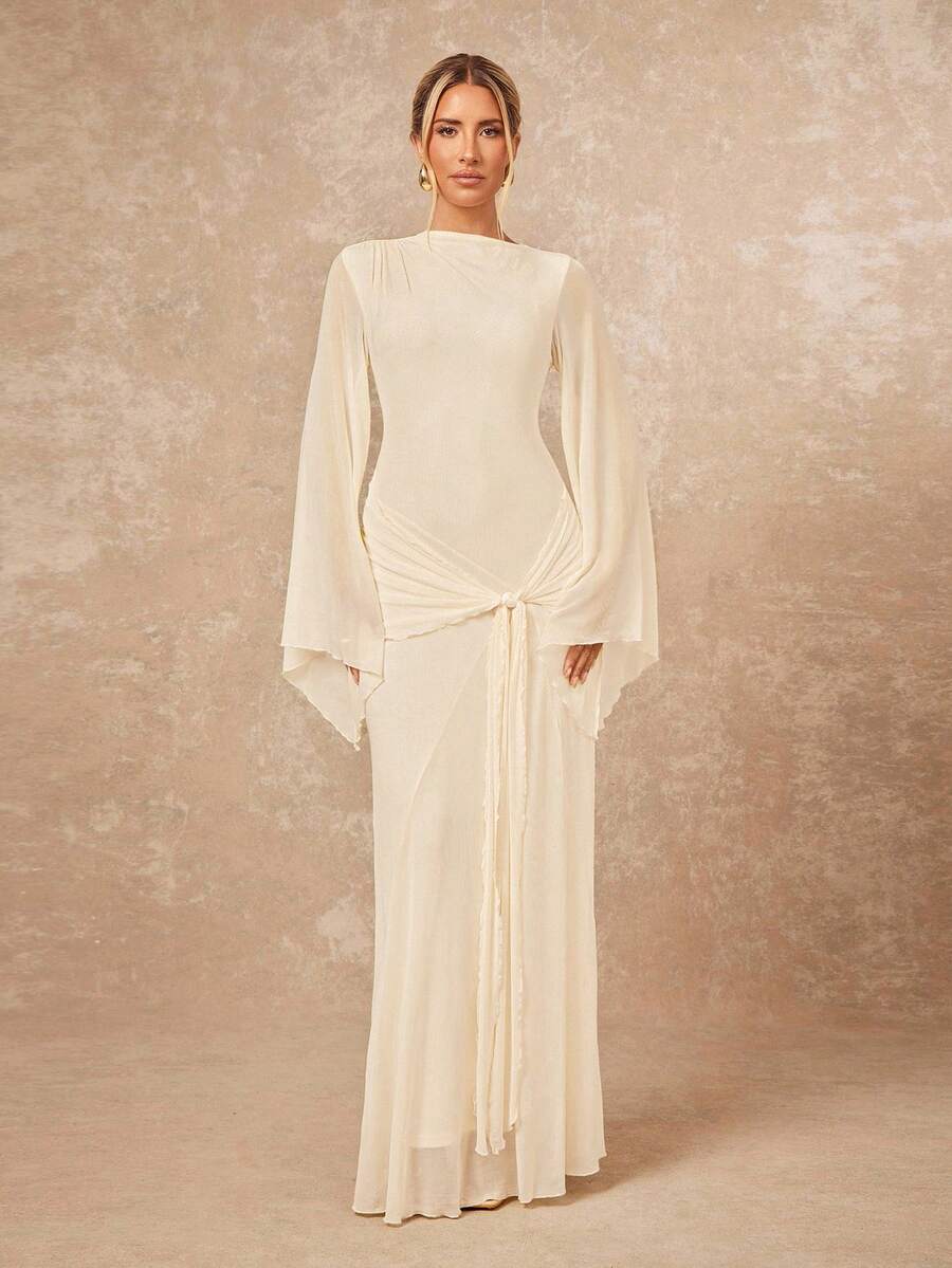 Lumalex Women's Loose Sheer Dress With Tie-Up Sash And Flowy Sleeves,Dresses For Women Elegant - Apricot - View 1