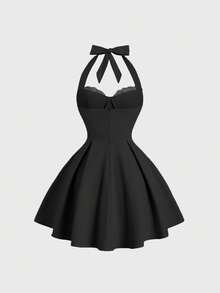 Sweetra 女士时尚优雅浪漫蕾丝边吊带迷你连衣裙 - 黑色 - 查看 2